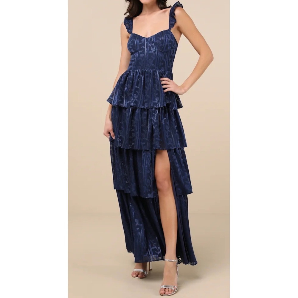 NWT Lulus Size XS Stunning Glory Navy Blue Floral Jacquard Tiered Maxi Dress
